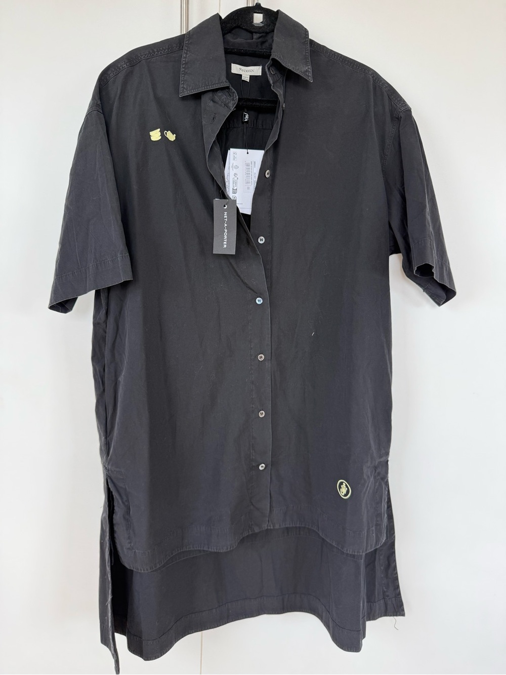 JW ANDERSON Black Short-Sleeve Button Down Shirt Dress with Yellow Accent - NWT!